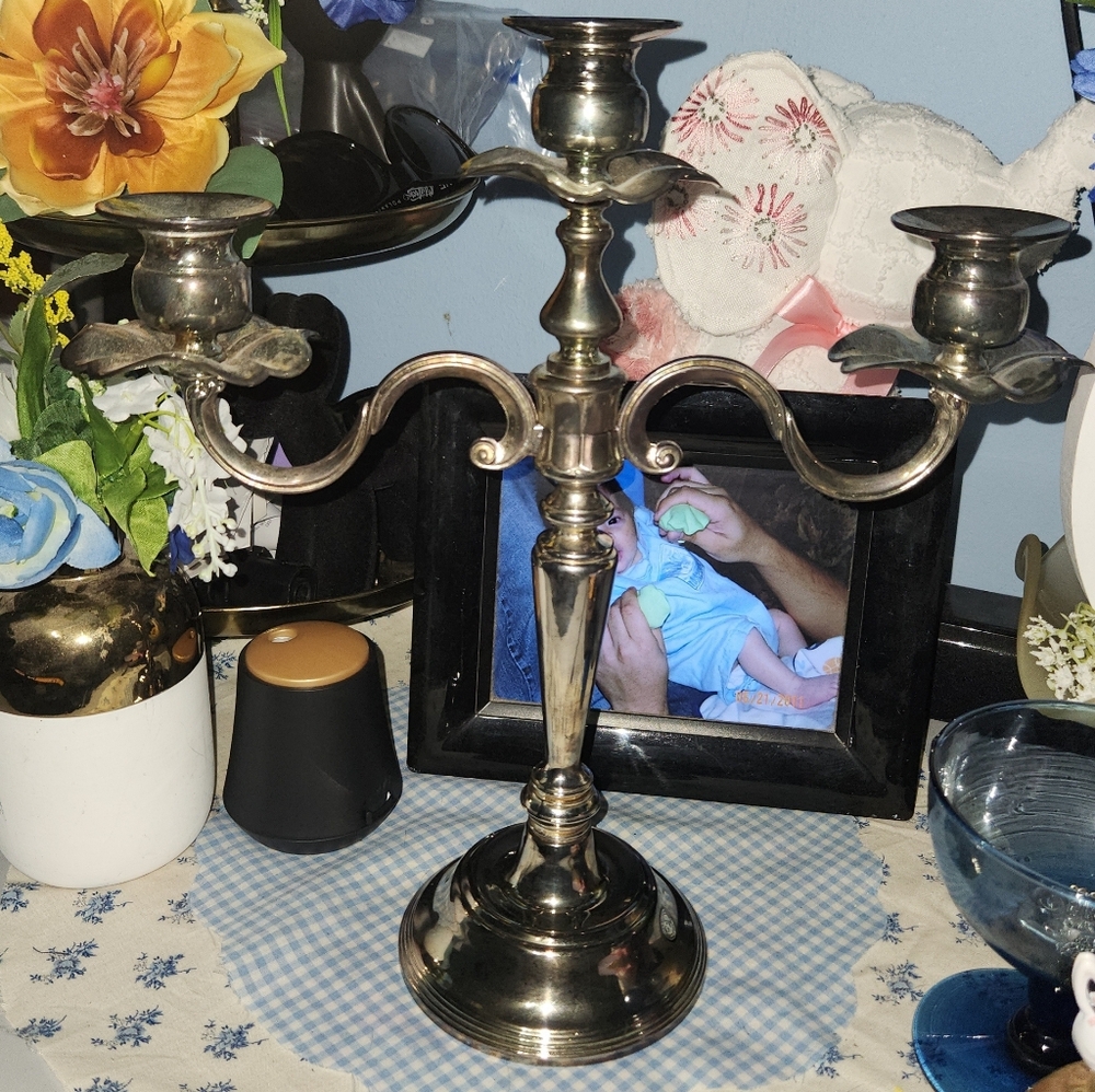 Vtg Three-Arm Flower Candelabra - Godinger Silver Art